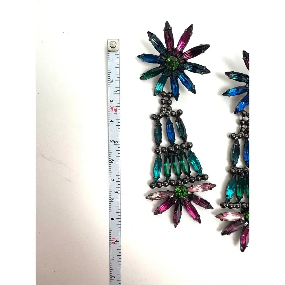 Doug Paulus Signed Rainbow Crystal Starbust Long Drop Earrings NWOT